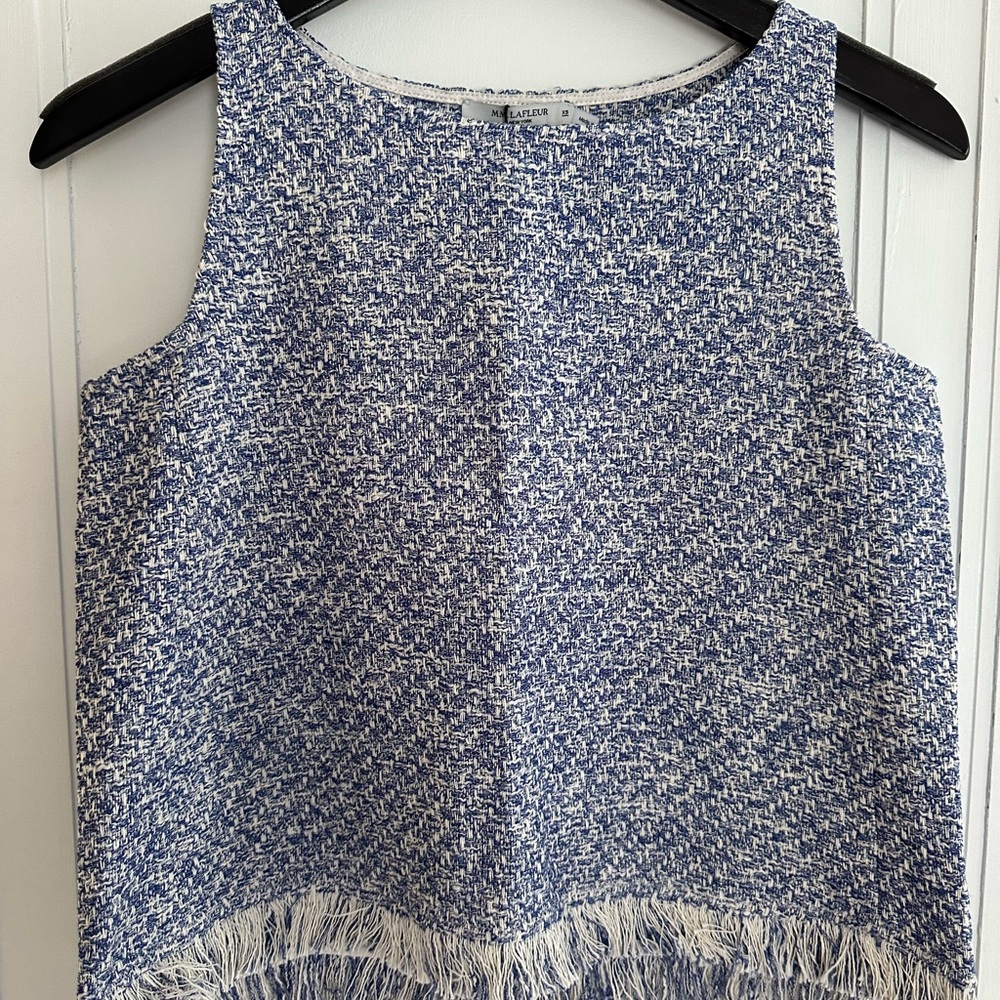 NWT M.M. Lafleur Flaka Top Cotton Boucle - White and Blue with fringe detail